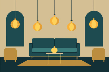 Living Room With Elegant Hanging Lights And Gold Accents