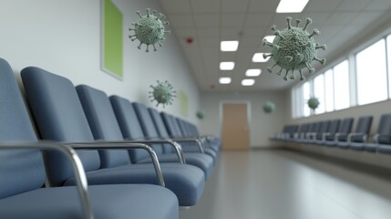Pathogen particles floating in clean medical facility hallway, focus on virus transmission risk