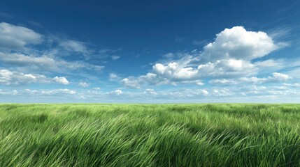 Fototapeta premium Wide open field of vibrant green grass under a partly cloudy blue sky