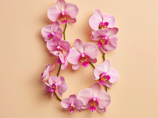 Beautiful natural pink orchids on a pastel beige background, greeting card	