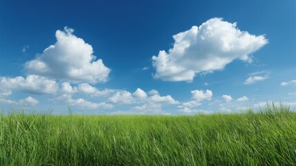 Lush green grass field under a vibrant blue sky with fluffy white clouds