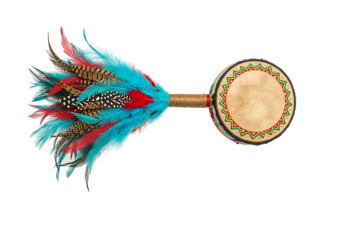 A feathered Native American drum is centrally displayed on a stark black background The drum is round and colorful with a beige drumhead