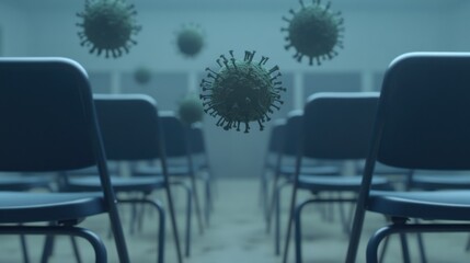 Virus-like particles floating in empty classroom with chairs, concept of airborne transmission indoors