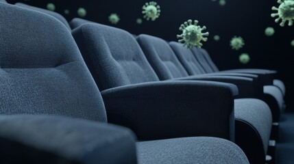 Virus-like particles floating over empty theater chairs, concept of indoor contamination risk
