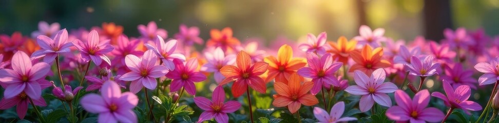 One purple flower crowns a colorful flower bed, garden, flowers, floral