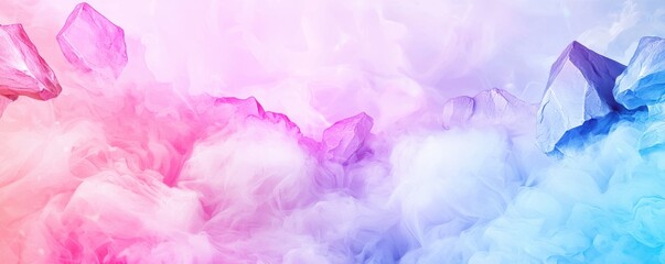 Fototapeta premium Abstract pastel-colored smoke or mist swirls with crystal-like formations in pink, purple, and blue hues, creating a soft, dreamy, and ethereal atmosphere.