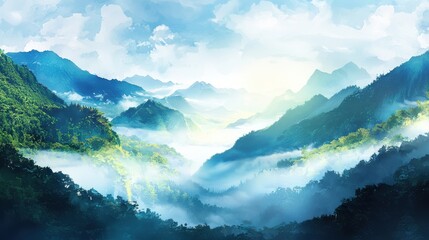 Fototapeta premium A misty mountain landscape with lush green forests, rolling hills, and a bright sky filled with clouds.