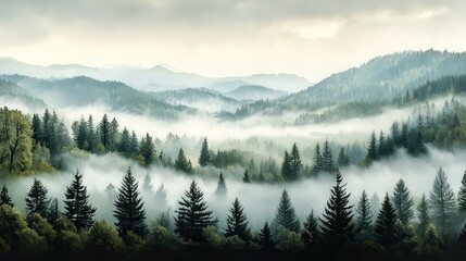 Misty morning over dense evergreen forest with rolling hills and distant mountain ranges under a cloudy sky.