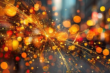 Abstract festive explosion of light and sparks.  Bokeh effect of city lights in orange, red, and gold.  Radiating streaks of golden sparks against a blurred background