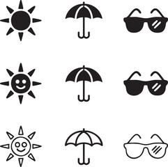 Summer weather forecast icon set featuring sun umbrella and sunglasses designs in minimalist black and white vector style