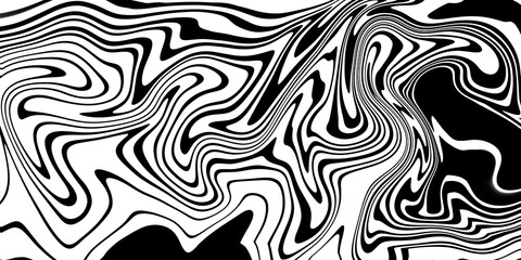 Abstract wavy black and white pattern with fine lines and flowing psychedelic shapes. Optical liquid texture perfect for bold prints, fashion, posters, or album artwork.