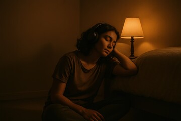 Woman Alone with Headphones at Night, Emotional Solitude