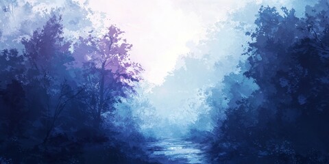 Obraz premium A serene, misty forest landscape with dense trees and a calm river flowing through, depicted in cool blue and purple tones.
