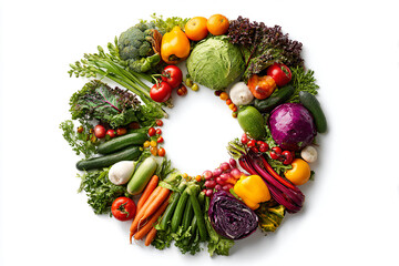 a wreath of vegetables and fruits arranged in a circle