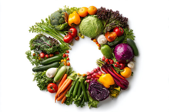 a wreath of vegetables and fruits arranged in a circle