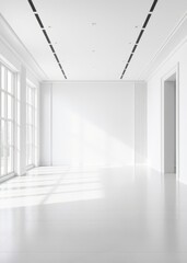 Obraz premium Empty white gallery room with large window and recessed lighting Empty room interior design architecture blank design room