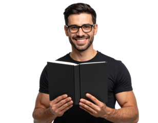 Smiling Guy Holding a Closed Black Book, Transparent PNG