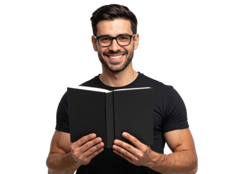 Smiling Guy Holding a Closed Black Book, Transparent PNG