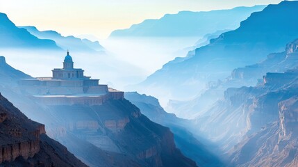 A serene monastery perched on a cliff surrounded by misty blue mountains in early morning light.