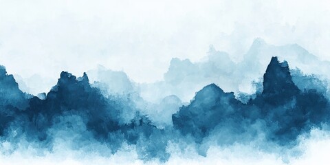 Abstract blue watercolor painting depicting layered mountain silhouettes fading into a misty sky.