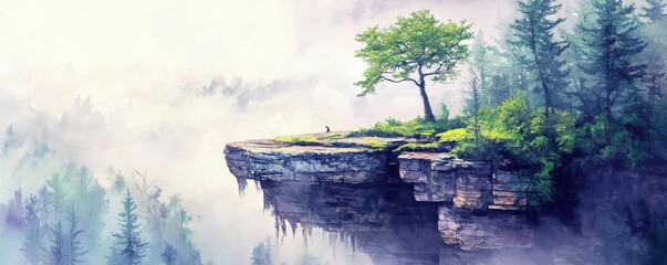 A solitary tree stands on a rugged cliff surrounded by misty forest and distant mountains, evoking a serene and mystical atmosphere.