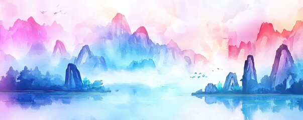 A serene watercolor landscape of misty blue and pink mountains reflected on calm water with scattered birds flying above.