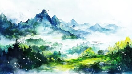 A serene watercolor landscape featuring misty mountains, dense green forests, and a peaceful valley with traditional architecture partially visible.