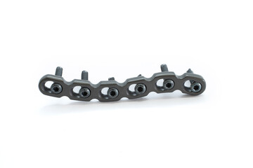 S-Clavicle Plate with screw isolated on the white background. Olecranon plate is used to fix a fractured a clavivle bone joint.