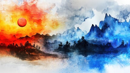 A vivid digital painting depicting a fiery red sun setting over a dark forest with contrasting icy blue mountains reflected in a calm body of water.