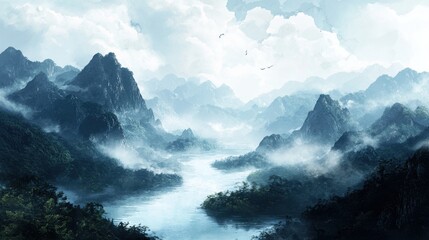 A serene river winds through misty, jagged mountains under a cloudy sky, creating a tranquil and mystical landscape.