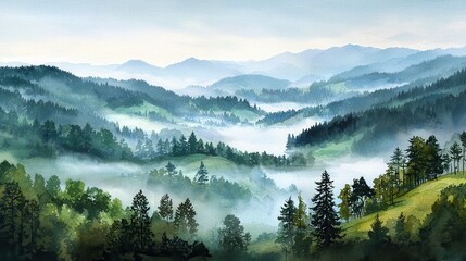 A misty mountain landscape with layers of forested hills and valleys cloaked in morning fog under a pale sky.