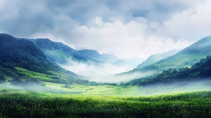 A serene valley with lush green fields surrounded by misty mountains under a cloudy sky.