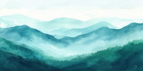 A serene watercolor painting of misty mountain ranges layered in various shades of blue and green, evoking tranquility and natural beauty.