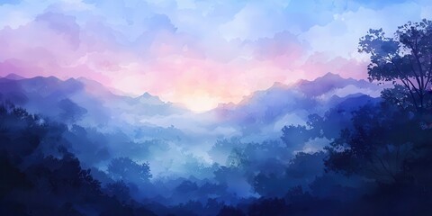 A serene digital painting of a misty mountain landscape at sunrise with lush trees and soft pastel colors blending in the sky.