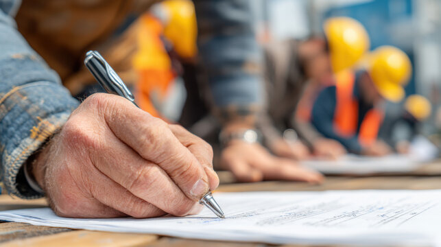 Close up of a construction worker's hand signing documents on a building site with colleagues wea safety vests and helmets in the blurred background. - Powered by Adobe