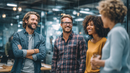 A group of diverse young professionals smiling and listening attentively to a colleague du an informal meeting in a modern and collaborative workspace.