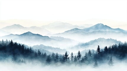 Misty mountain landscape with layered blue and gray tree-covered hills fading into the distance, creating a serene and tranquil atmosphere.