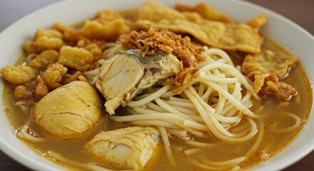 Bowl of noodles with fish, egg, and crispy topping