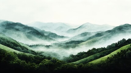Misty mountains layered with lush green forests create a serene and tranquil landscape under a soft, pale sky.