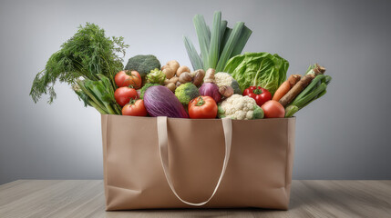 Fresh, vibrant vegetables overflow from a brown paper grocery bag on a wooden table, offe a colorful and healthy assortment of produce for nutritious meals.