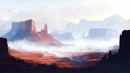 Vast desert landscape with towering red rock formations and misty valleys under a soft, pale sky.