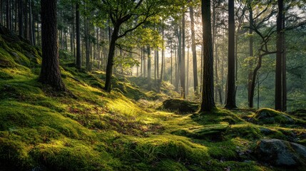 Fototapeta premium Sunlit forest floor, mossy path