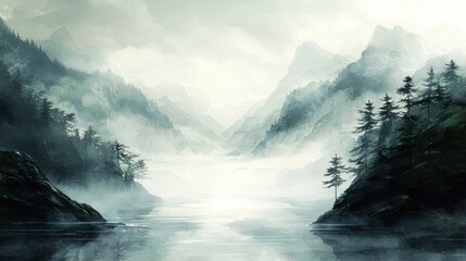 Misty mountain landscape with pine trees surrounding a calm lake, evoking a serene and tranquil atmosphere under soft, diffused light.