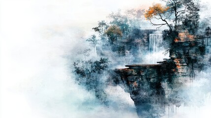 A misty, ethereal landscape featuring cliffs, autumn trees, and a cascading waterfall blending into fog.