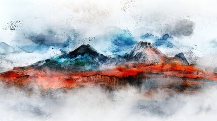 A misty mountain landscape with vibrant red and blue hues blending in a watercolor style, creating a dreamy and atmospheric scene.