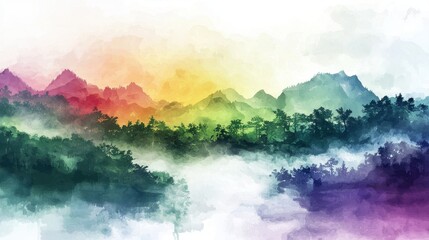 A vibrant watercolor painting of a mountain range with lush forest below, blending a rainbow gradient sky with misty reflections on water.