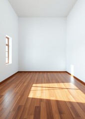 Obraz premium A large empty room with a wooden floor and white walls a window on the left side of the wall a minimalistic interior design concept Empty room interior design architecture blank design room