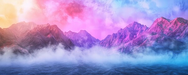 A vibrant, colorful mountain range with misty fog rolling over dark waters under a soft sunrise or sunset sky.