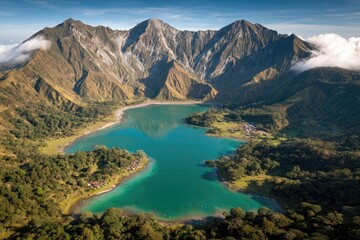 High-angle view of a caldera lake nestled in a mountain range