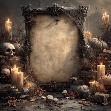 Gothic RPG Character Sheet Frame with Skulls, Dice, and Halloween Decor